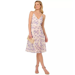 ADRIANNA PAPELL Floral Tulle Pearl Straps Midi Dress Purple White Multi Size 6